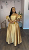 Elegant Dress for Women's Puff Sleeve Square Collar Gold Solid Pleated A-line Evening Party Cocktail Maxi Dresses