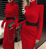Elegant Turtleneck Long Sleeve Knit Soft Tight Pencil Dress with Belt Slim Warm Sweater Vestido Sexy Women Winter Robe