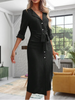 Office Lady V-neck Solid Color Shirts Style Dress Women's Long Sleeved Button Lace Up Dress Elegant Autumn Spring Dresses