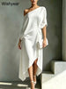 Classy White Dress for Women One-Shoulder Asymmetric Midi Length Loose and Comfortable Ideal for Brunch Church Evening