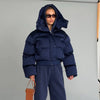Hooded Women's Puffer Coat Zip Up Waist Cinched Puffer Jacket Thickened Cropped Bubble Coat Detachable Hood