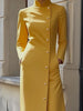Women's Yellow Mandarin Collar Diagonal Long Sleeve Buttoned Maxi Dress for Wedding Guest Office Dress
