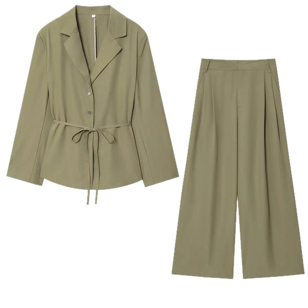 Spring and Autumn Women Notched Solid Color Casual Shoulder Pads Shirts Loose Long Pants Two Pieces Sets