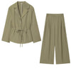 Spring and Autumn Women Notched Solid Color Casual Shoulder Pads Shirts Loose Long Pants Two Pieces Sets