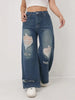 Wide Leg Distressed Straight Jeans for Women Elastic Casual Bootcut Denim Pants Ladies Jeans