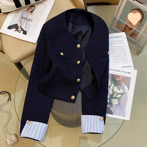 Navy Blue Short Jacket for Women Striped Patchwork Long Sleeve Coat Woman Spring Autumn French Gold Button Tweed Jacket