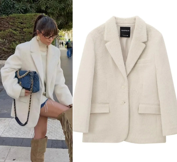 Winter Women's White faux fur Effect straight cut loose Edition casual suit jacket