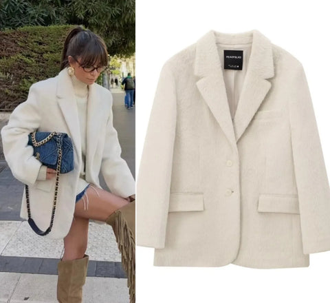 Winter Women's White faux fur Effect straight cut loose Edition casual suit jacket
