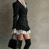Women Black Double Breasted Blazer Dress Lace Ruffle Collar Cuffs Hem Peplum Slim Coat For Cocktail Party Elegant Evening Wear