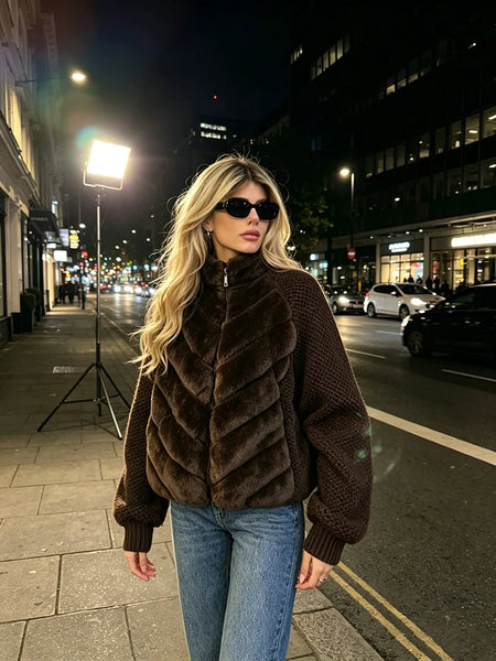 Solid Faux Fur Splicing Coats Women's Zipper Full Sleeves Stand Collar Jackets Ladies Autumn Winter Streetwear
