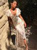 Floral Printed Chiffon Long Dress Women Chic Deep V-neck Lace Patchwork Mini Sleeves Slim Fit Dresses Lady Daily Wear