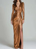 Shiny Bodycon Evening Dress Women Deep V‑Neck Long Sleeve Ruched Wrap High Slit Maxi Dress for Wedding Party Prom Gown
