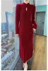 Women' 100%Pure Mink Cashmere Dress Stand-Up Collar Buckle Slim Knit Long Skirt High Waist Over The Knee Bottoming Dress