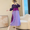 Anmrem Tie Flower Design Women's Pleated Dress O-neck Long Sleeve Colorblock Patchwork Chic Beading Loose Famale Clothes 2DB5753