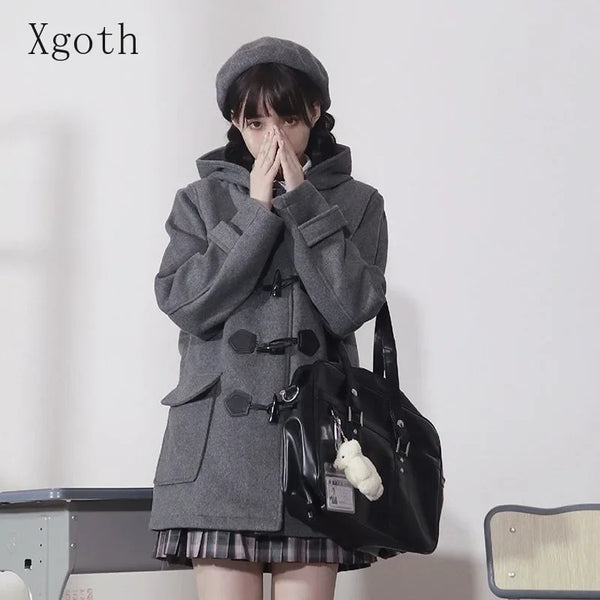 Ladies Coats Autumn/Winter Thickened Warm Solid Hooded Single Row Cow Horn Button Academy Style Woolen Coat Women's Clothing