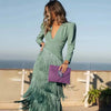 French Elegant Deep V Neck Slim Prom Dresses Spring Solid Spliced Tassel Long Dress Woman Long Sleeve Autumn Maxi Dress
