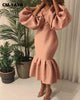 Women Evening Dress Solid Full Puff Sleeve V-neck Long Maxi Trumpet Dresses Vintage Party Vestidos Fall Outfit