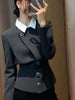 Light Slim Fit Blazers Women Fake Two Piece Patchwork Button Suit Jacket Autumn Vintage Office Lady Female Simple Tops