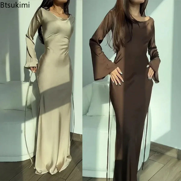 Women's Long Dresses Solid Satin Flare Sleeve Slim Lace Up Floor-length Dress Females Sexy Elegant Party Maxi Dress