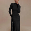 Solid Color Elegant High Neck Long Sleeve Ruched Ribbon Dress Women Bodycon Party Club Evening Dress Winter