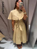 Lapel Cape Sleeve Lace Up Long Sleeve Women Elegant Epaulet Oversized Waist Cinching Pleated Shirt Dresses Chic Ladies Partywear
