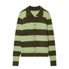 Women's Striped Knitted Cardigan Coat Female Long Sleeve Polo Collar Single Breasted High Street Casual Short Jacket