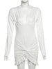 Chic Knot Dress Women V-Neck Long Sleeve Ruched Ruffled Hem Skinny Solid Elegant Birthday Simple Classic Mini Bodycon