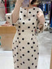 Elegant Women Dots Print Dress Summer Slim 3/4 Sleeve Vestidos V-Neck Party Midi Robe Office Pocket Dresses