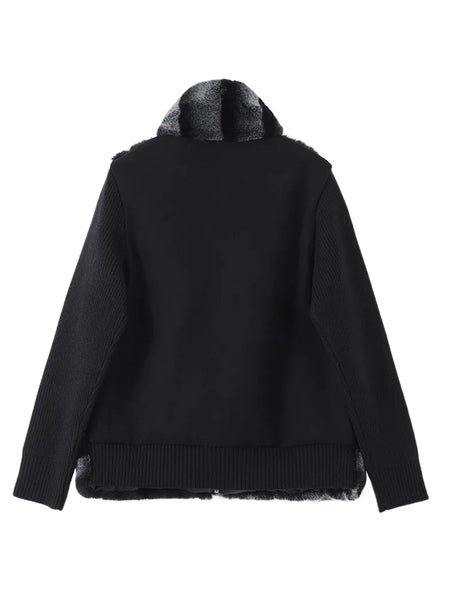 Women's Faux Fur Coats Furry Patchwork Knit Sleeve Bomber Jackets Autumn Female Stand Collar Loose Coat Lady Outerwears