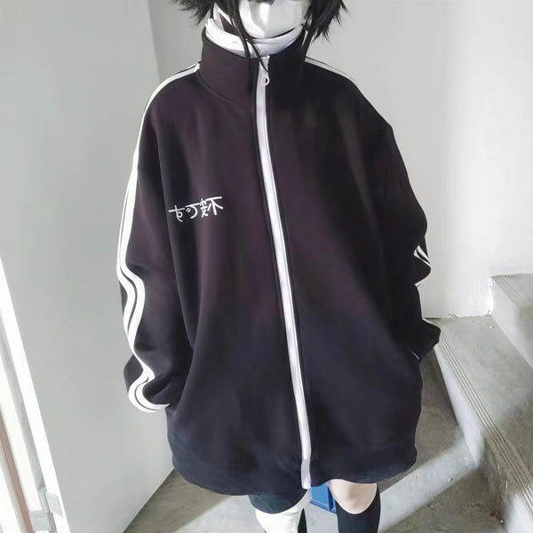 Women Harajuku Japanese Print Zip Up Jacket Stand Collar Striped Sleeve Loose Casual Sports Track Coat