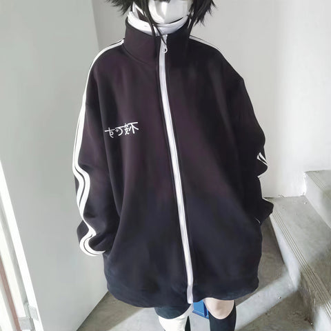 Women Harajuku Japanese Print Zip Up Jacket Stand Collar Striped Sleeve Loose Casual Sports Track Coat
