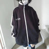 Women Harajuku Japanese Print Zip Up Jacket Stand Collar Striped Sleeve Loose Casual Sports Track Coat