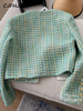 Elegant Green Plaid Tweed Jacket Women French Vintage Spring Autumn Casual Blazers High Street Short Suit Coat