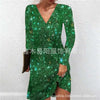 Women's Silver Sequins Evening Dress Long Sleeve Solid V Neck Sparkly Party Mini Dress Elegant Autumn Prom Dresses