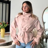 Women's Pink Belted Jacket Stand Collar Double Breasted Long Sleeve Slim Trench Coat Casual High Street Jackets