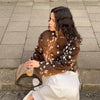 Women Deer Spot Print Faux Fur Cropped Jacket Stand Collar Dark Fur Cuff Button Up Short Coat Vintage Winter Street Outerwear