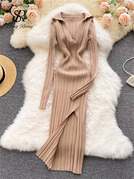 Women Korean Knitted Dress Long Sleeve V Neck Elastic Slim Pencil Dresses Autumn Sexy Bodycon Split Sweater Dress