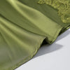 Olive Green Satin Maxi Dress Women Elegant Shawl Design Lace Trim Asymmetrical Hem Ruched Bodycon Formal Dinner Gown