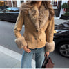 Beige Faux Suede Women Jacket Fur Collar Cuffs Trim Button Front Coat Vintage Western Cowgirl Style Warm Winter Outerwear