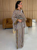 Striped Long Pants Set Color Block Turn Down Collar Three Quarter Sleeve Shirt Wide Leg Bottoms Casual Chic Women Outfits