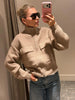 Women Camel Ribbed Knit Cardigan Zip Up High Collar Long Sleeve Cropped Sweater Flap Pockets Jacket Casual Autumn Outfits