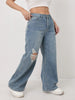 Wide Leg Distressed Straight Jeans for Women Elastic Casual Bootcut Denim Pants Ladies Jeans