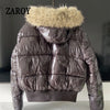 Russian Winter Warm Faux Fur Hooded Quilted Puffer Jacket Women Y2K Retro Padded Short Coat Casual Parka Glossy Outerwear куртка