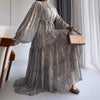Women Dress Long Dresses A Line Casual Puff Full Sleeve Round Neck Maxi Lace Up Tight Waist Print Floral Elegant Splice Vestidos