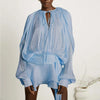 French Style Bubble Sleeve Mini Dress Woman Ruffle Solid Bright Satin Party Dress Spring Tie-up O Neck Pleated Dress