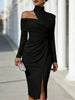 Women's White Off Shoulder Asymmetric Bodycon Dresses Autumn High Collar Cutout Long Sleeve Ruched Slit Slim Midi Dress