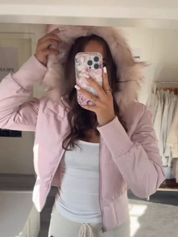Zipper Cotton Quilted Puffer Jacket Women Furry Hooded Long Sleeve Slim Casual Female Coat Winter Outerwear Chic Lady Coats