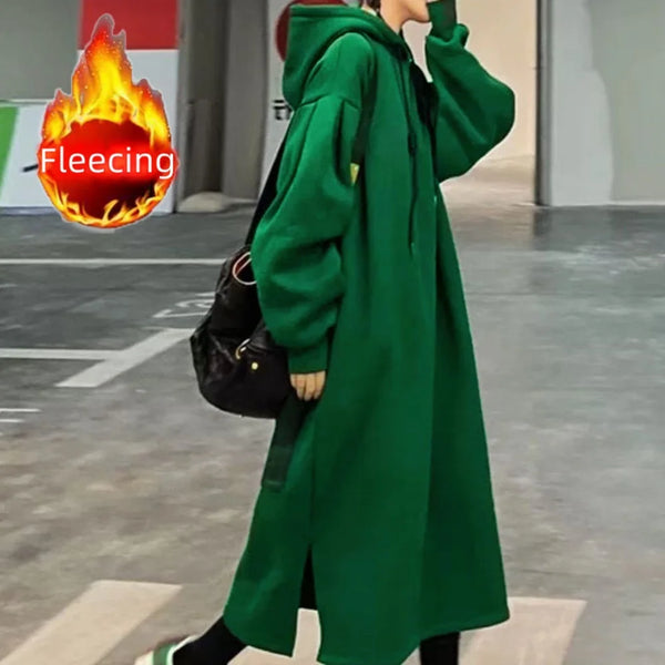 Plus Size Hooded Loose Long Hoodie Thick Fleece Sweatshirts Coat Winter Midi Dress Warm Women's Oversize Jacket Casual Outerwear