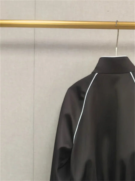 Satin Women Letter Embroidery Short Jacket Stand Collar Bright Thread Decoration Spring Female Zipper Slanted Pocket Coats