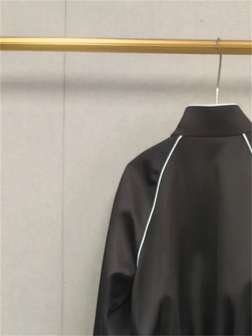 Satin Women Letter Embroidery Short Jacket Stand Collar Bright Thread Decoration Spring Female Zipper Slanted Pocket Coats